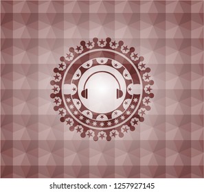 headphones icon inside red emblem or badge with geometric pattern background. Seamless.