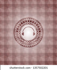 headphones icon inside red emblem or badge with abstract geometric pattern background. Seamless.