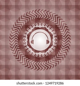 headphones icon inside red geometric pattern emblem. Seamless.