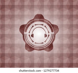 headphones icon inside red geometric pattern emblem. Seamless.