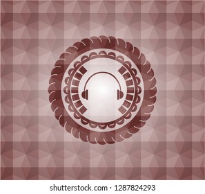 headphones icon inside red geometric emblem. Seamless.