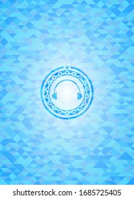 headphones icon inside sky blue emblem with triangle mosaic background