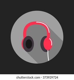 Headphones icon with long shadow in the circle. Flat image illustration