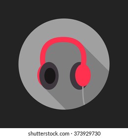 Headphones icon with long shadow in the circle. Flat image illustration