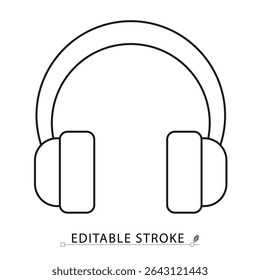 Headphones icon in minimal line style with editable stroke. Audio accessory, music listening device, sound symbol for media content, digital communication, entertainment visuals and streaming design.