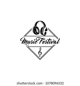 Headphones icon. Music Festival emblem logo label. Treble clef. Vector illustration