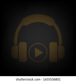 Headphones icon, music play button line sign. Icon as grid of small orange light bulb in darkness. Illustration.