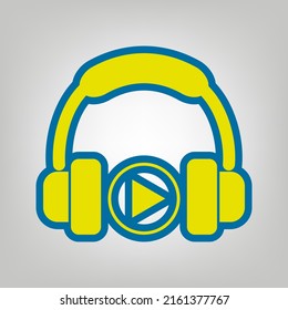 Headphones icon, music play button line sign. Icon in colors of Ukraine flag (yellow, blue) at gray Background. Illustration.