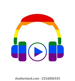 Headphones icon, music play button line sign. Rainbow gay LGBT rights colored Icon at white Background. Illustration.