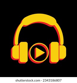 Headphones icon, music play button line sign. 3D Extruded Yellow Icon with Red Sides a Black background. Illustration.
