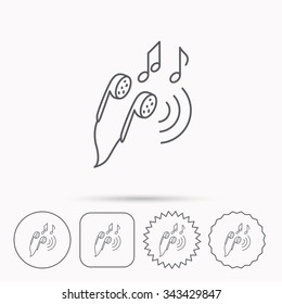 Headphones icon. Musical notes signs. Linear circle, square and star buttons with icons.