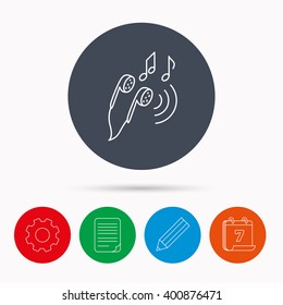 Headphones icon. Musical notes signs. Calendar, cogwheel, document file and pencil icons.