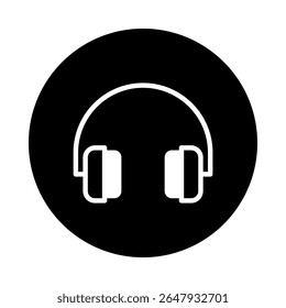 Headphones icon on a black round background for listening to music and sound with electronic devices