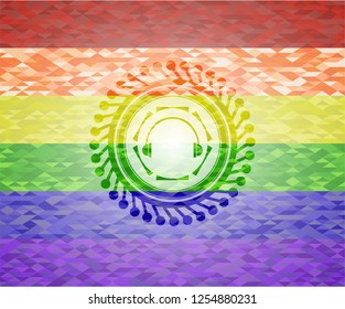 headphones icon on mosaic background with the colors of the LGBT flag