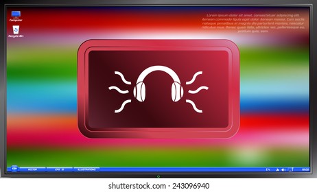 Headphones icon on the screen monitor. Made vector illustration