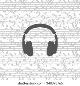 headphones icon on a white background. Music background with notes. Vector illustration. The treble clef, the notes seamless pattern.