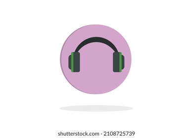 Headphones icon, purple circle with shadow below on white background, vector, modern style.