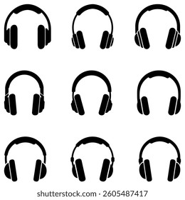 Headphones icon. Set of black headphones icons. Vector illustration.