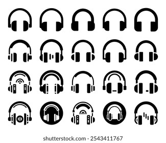 Headphones icon set in flat style on a white background. Perfect for music, audio, and tech designs. Simple vector illustrations for apps, websites, and branding.