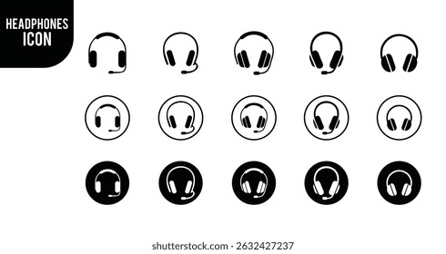 "Headphones Icon Set. Music and Audio Headsets with Microphone in Flat Vector Style."

