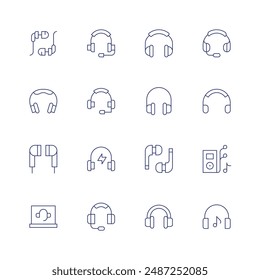 Headphones icon set. Thin line icon. Editable stroke. Containing customerservice, earbuds, earphones, headphone, headphones, headset, listen, musicplayer.