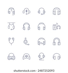 Headphones icon set. Thin line icon. Editable stroke. Containing audiobook, customersupport, earphones, elearning, headphone, headphones, headset, music.