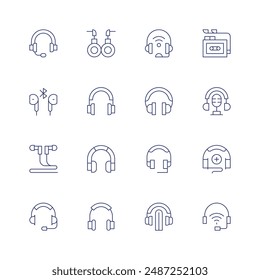 Conjunto de iconos de auriculares. Icono de línea fina. Trazo editable. Contiene servicio al cliente, auriculares, auriculares, auriculares, auriculares, musicoterapia, podcast, walkman.