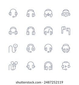 Conjunto de iconos de auriculares. Icono de línea fina. Trazo editable. Contiene audio, servicio al cliente, auriculares, auriculares, auriculares, auriculares, auriculares, música.