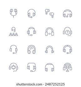 Headphones icon set. Thin line icon. Editable stroke. Containing callcenter, customersupport, earphones, group, headphone, headphones, information, music.