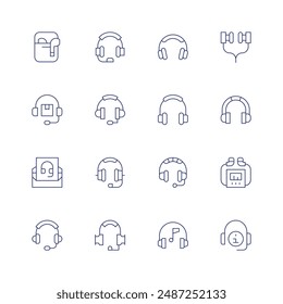 Headphones icon set. Thin line icon. Editable stroke. Containing callcenter, customersupport, earphones, email, headphone, headphones, information, music.