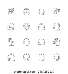 Headphones icon set. Thin line icon. Editable stroke. Containing consulting, earbuds, earphones, headphone, headphones, headset, lesson, musicplayer.