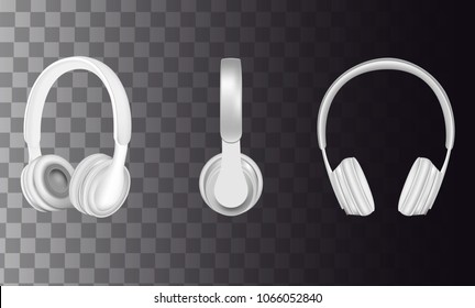 Headphones icon set. Vector realistic white headphones music accessories isolated on transparent background.