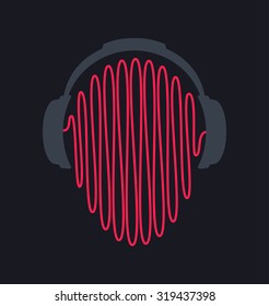 headphones icon with sound waves vector flat template
