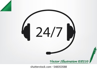 Headphones  icon vector illustration eps10. Isolated badge 24/7 support service flat design for website or app - stock graphics