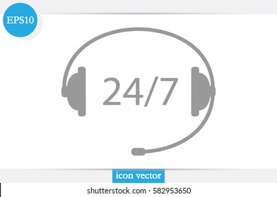 Headphones  icon vector illustration eps10. Isolated badge 24/7 support service flat design for website or app - stock graphics.