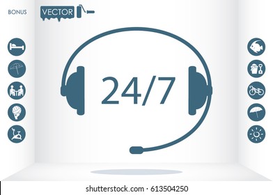 Headphones  icon vector illustration eps10. Isolated badge 24/7 support service flat design for website or app - stock graphics