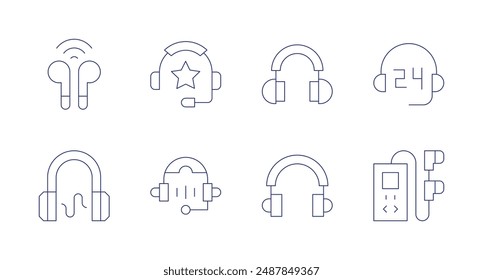 Kopfhörer-Symbole. Bearbeitbarer Strich. Enthalten Kopfhörer, Kopfhörer, Musikplayer, Telefon.