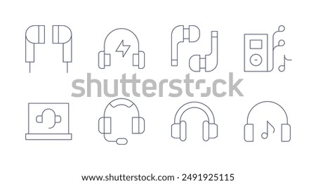 Headphones icons. Editable stroke. Containing customerservice, earbuds, headphone, headphones, listen, musicplayer.