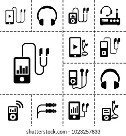 Headphones icons. set of 13 editable filled headphones icons such as headphones, mp3 player, phone and earphones, listening device