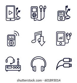 headphones icons set. Set of 9 headphones outline icons such as mp3 player, phone and earphones, earphone wire, listening device, eating mouth