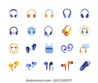 Headphones icons set. Colorful signs with headphones, earphones and devices for listening to music and audio. Design elements for app. Flat vector illustration collection isolated on background