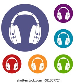 Headphones icons set in flat circle red, blue and green color for web