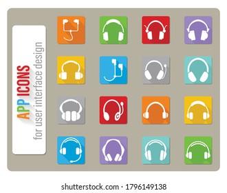 headphones icons set in flat design with long shadow
