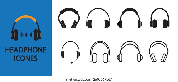 Headphones icons set on white background. Earphone headset with microphone. Headset silhouette, Headset icon icon vector sign symbol. Vector illustration.