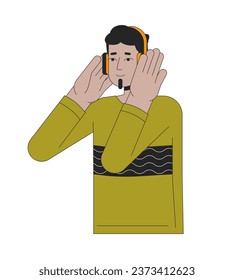 Headphones indian man bearded 2D linear cartoon character. South asian guy listening to music beats isolated line vector person white background. Podcast listener color flat spot illustration