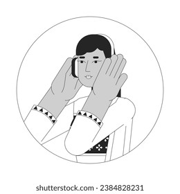 Headphones indian young adult woman black and white 2D vector avatar illustration. South asian lady listening to music outline cartoon character face isolated. Happy melomaniac flat user profile image