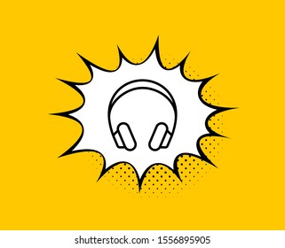 Headphones line icon. Comic speech bubble. Music listening device sign. DJ or Audio symbol. Yellow background with chat bubble. Headphones icon. Colorful banner. Vector