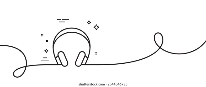 Ícone de linha de fones de ouvido. Uma linha contínua com curva. Sinal de dispositivo de escuta de música. Símbolo de DJ ou áudio. Fita de contorno único de fones de ouvido. Padrão de curva de loop. Vetor