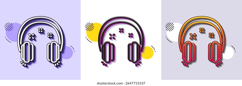 Headphones line icon. Halftone dotted pattern. Gradient icon with grain shadow. Music listen sign. Musical earphones symbol. Line headphones icon. Various designs. Vector