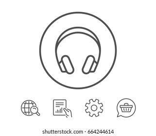 Headphones line icon. Music listening device sign. DJ or Audio symbol. Hold Report, Service and Global search line signs. Shopping cart icon. Editable stroke. Vector